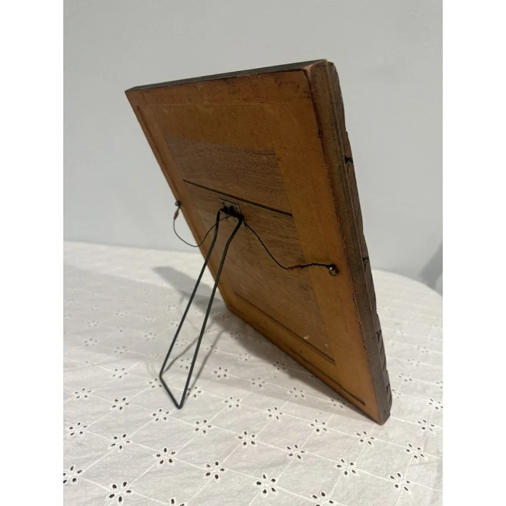 Vintage Hand Carved Wood Framed Mirror Tabletop or Wall Rustic Folk Art Decor